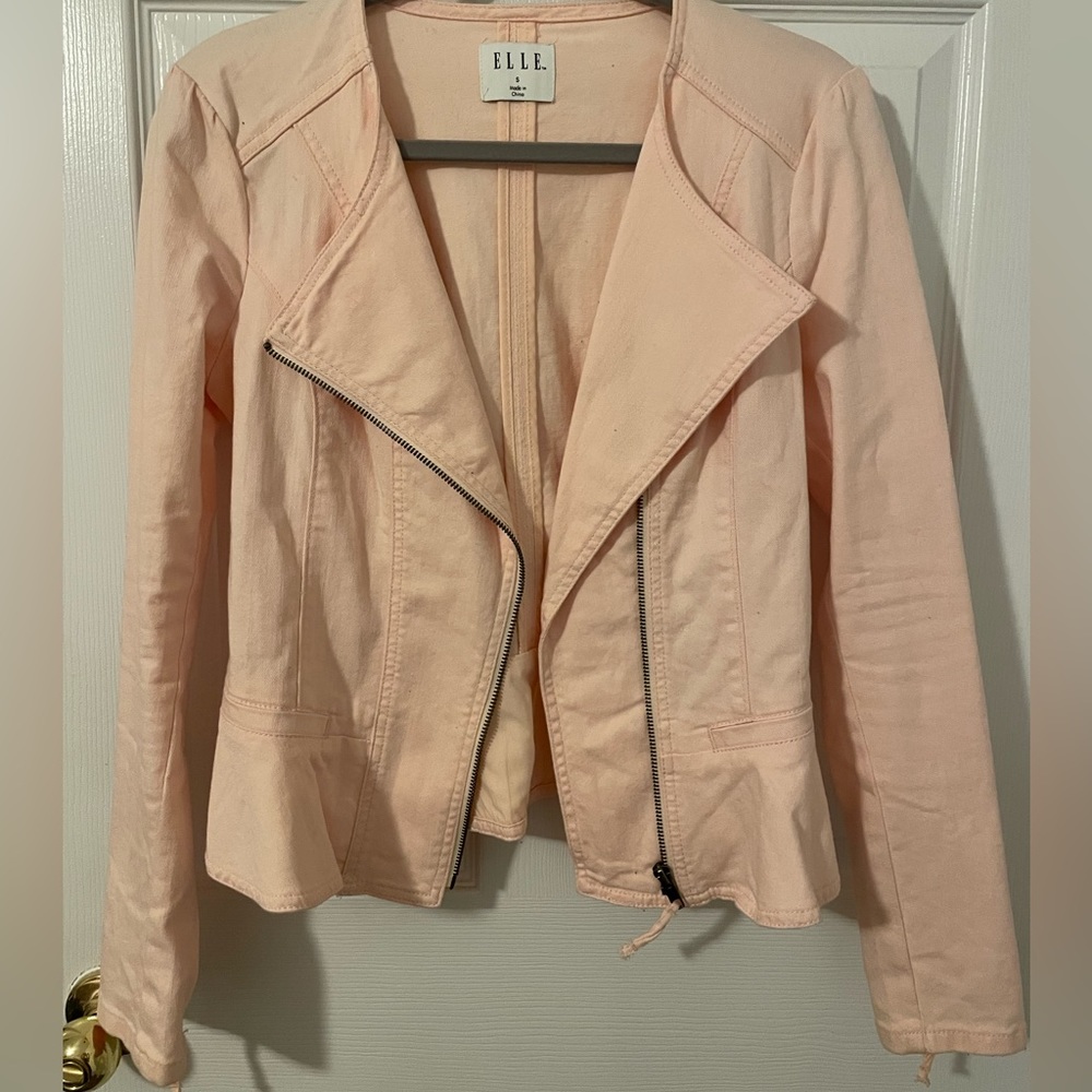 Pink peplum jean jacket for women size small